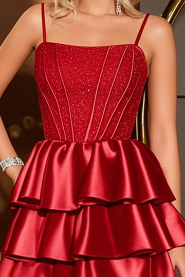 Dark Red Satin Spaghetti Straps Corset Short Prom Dress